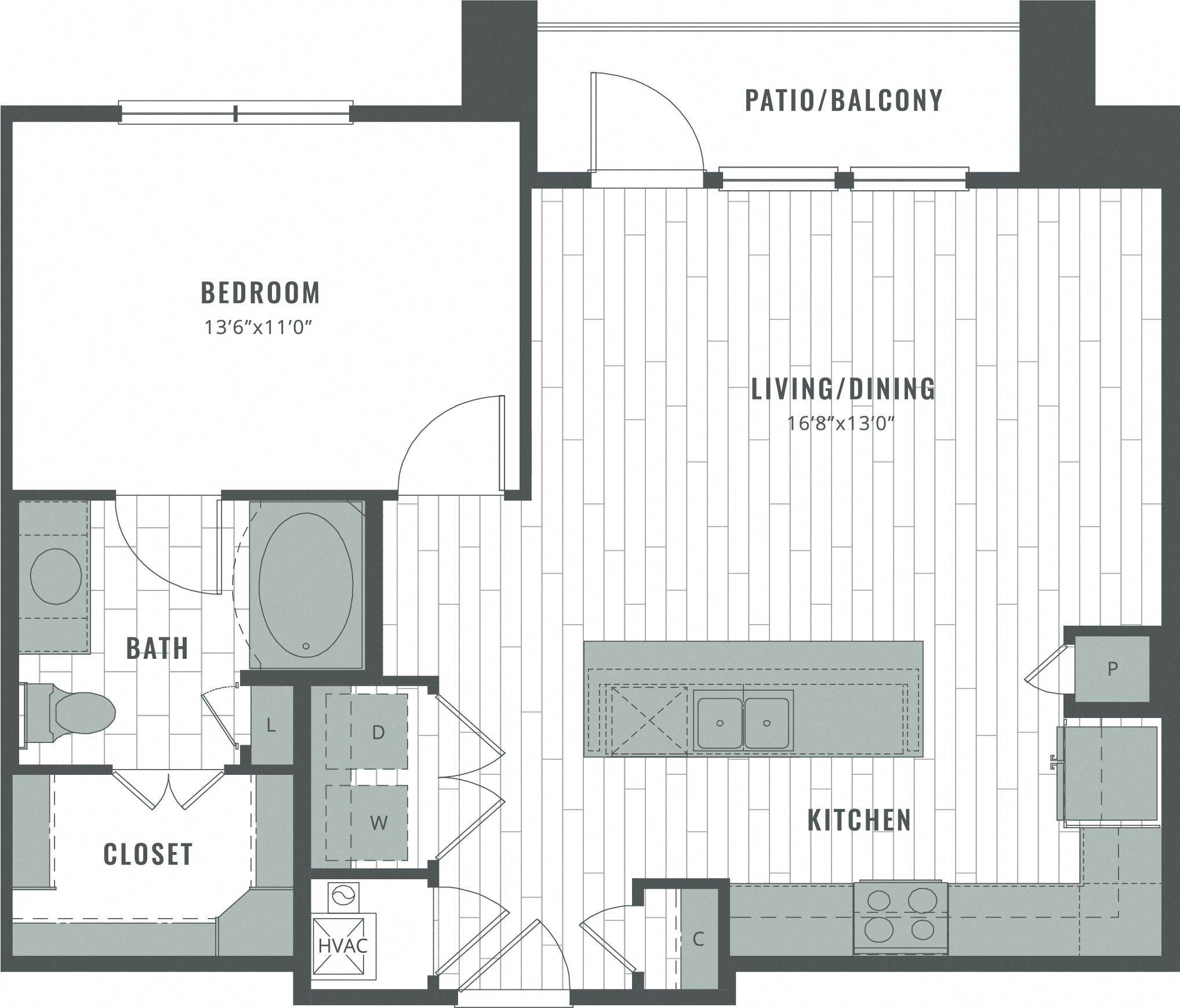 Floor plan for 1 bed, 1 bath, 803 sqft